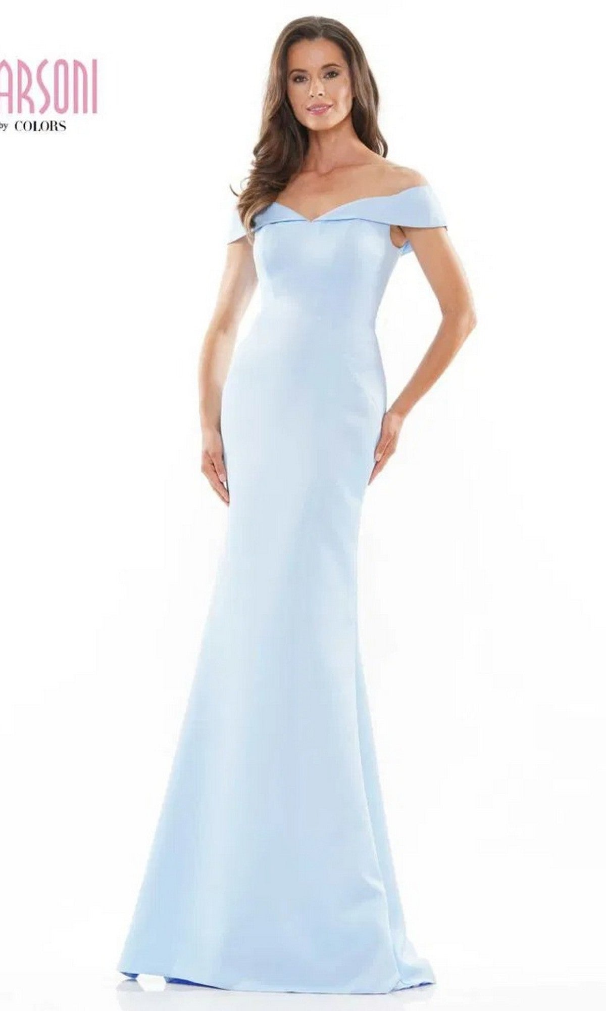 A woman in a sky blue Long Formal Dress (Marsoni MV1153) poses against a plain white background.